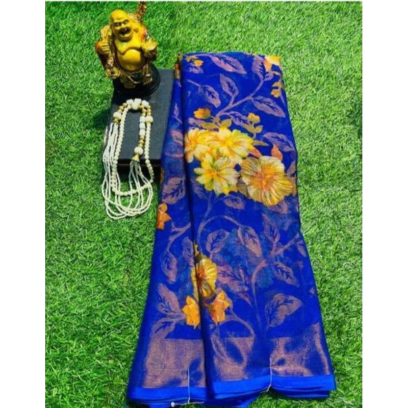 Mayawye Women's Viscose Rayon Printed Saree With Unstitched Blouse (Royal Blue)