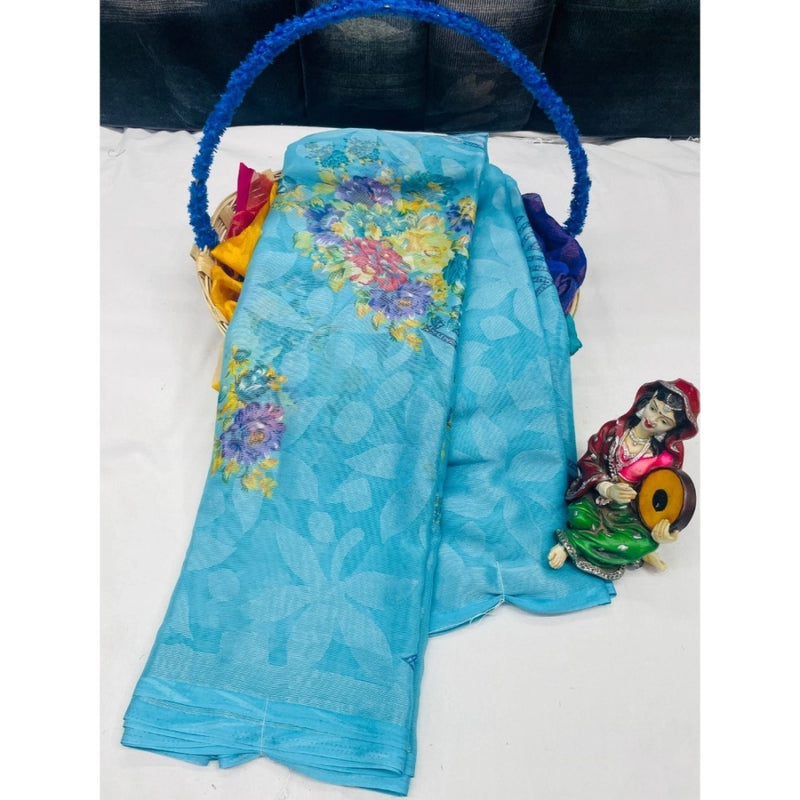 Mayawye Women's Viscose Rayon Printed Saree With Unstitched Blouse (Sky Blue)