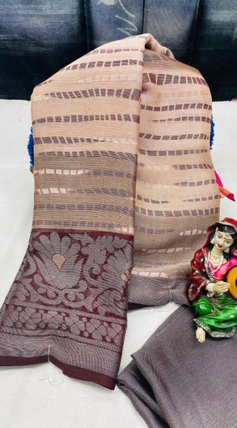 Mayawye Women's Viscose Rayon Printed Saree With Unstitched Blouse (Brown)