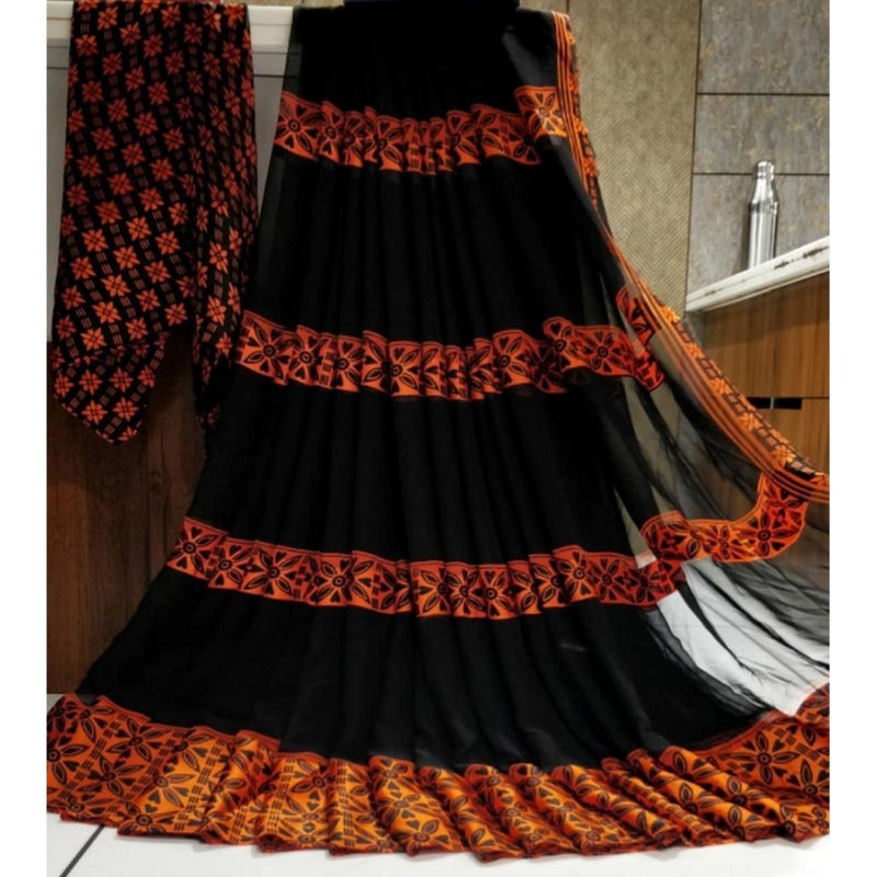 Mayawye Women's Satin Patta Printed Saree With Unstitched Blouse (Orange)