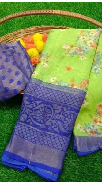 Mayawye Women's Viscose Rayon Printed Saree With Unstitched Blouse (Blue)