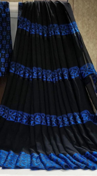 Mayawye Women's Satin Patta Printed Saree With Unstitched Blouse (Blue)