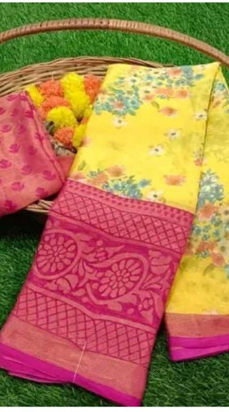Mayawye Women's Viscose Rayon Printed Saree With Unstitched Blouse (Pink)