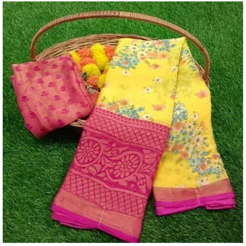 Mayawye Women's Viscose Rayon Printed Saree With Unstitched Blouse (Pink)