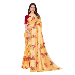 Mayawye Women's Satin Patta Printed Saree With Unstitched Blouse (Beige)