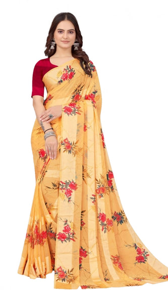 Mayawye Women's Satin Patta Printed Saree With Unstitched Blouse (Beige)