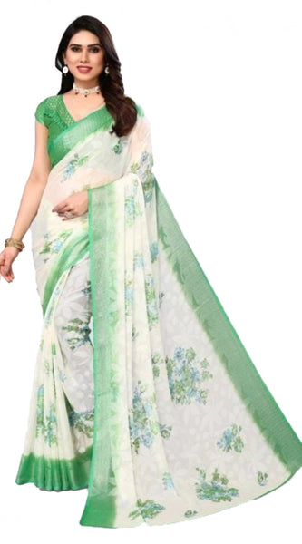 Mayawye Women's Viscose Rayon Printed Saree With Unstitched Blouse (Green)