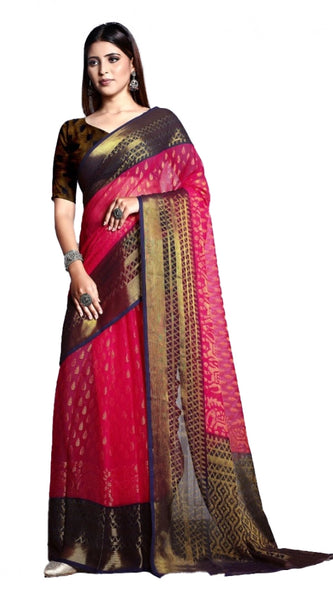 Mayawye Women's Viscose Rayon Printed Saree With Unstitched Blouse (Pink)