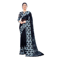 Mayawye Women's Satin Patta Printed Saree With Unstitched Blouse (Black)