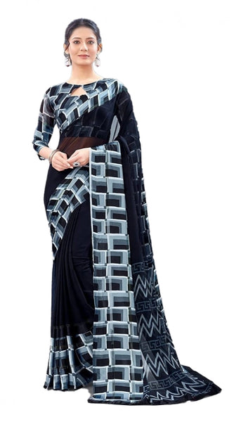 Mayawye Women's Satin Patta Printed Saree With Unstitched Blouse (Black)