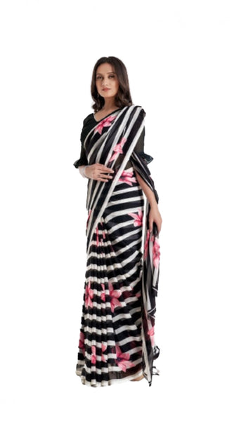 Mayawye Women's Georgette Printed Saree With Unstitched Blouse (Black)