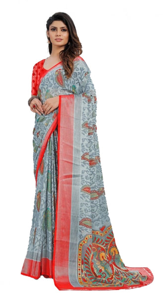 Mayawye Women's Viscose Rayon Printed Saree With Unstitched Blouse (Grey)