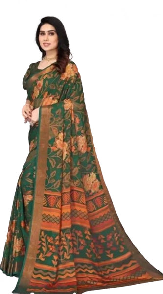 Mayawye Women's Viscose Rayon Printed Saree With Unstitched Blouse (Green)