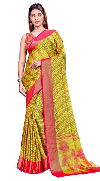 Mayawye Women's Viscose Rayon Printed Saree With Unstitched Blouse (Green)