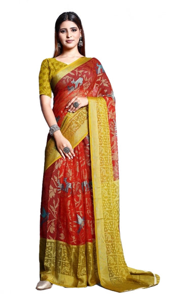 Mayawye Women's Viscose Rayon Printed Saree With Unstitched Blouse (Red)