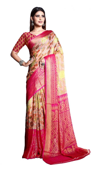 Mayawye Women's Viscose Rayon Printed Saree With Unstitched Blouse (Pink)