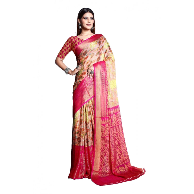 Mayawye Women's Viscose Rayon Printed Saree With Unstitched Blouse (Pink)