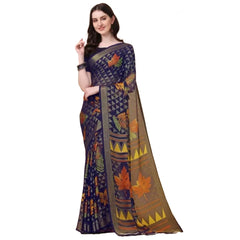Mayawye Women's Viscose Rayon Printed Saree With Unstitched Blouse (Navy Blue)