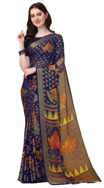 Mayawye Women's Viscose Rayon Printed Saree With Unstitched Blouse (Navy Blue)