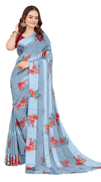 Mayawye Women's Satin Patta Printed Saree With Unstitched Blouse (Grey)