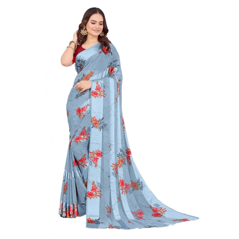 Mayawye Women's Satin Patta Printed Saree With Unstitched Blouse (Grey)