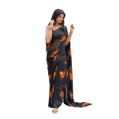 Mayawye Women's Satin Patta Printed Saree With Unstitched Blouse (Orange)
