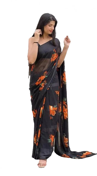 Mayawye Women's Satin Patta Printed Saree With Unstitched Blouse (Orange)