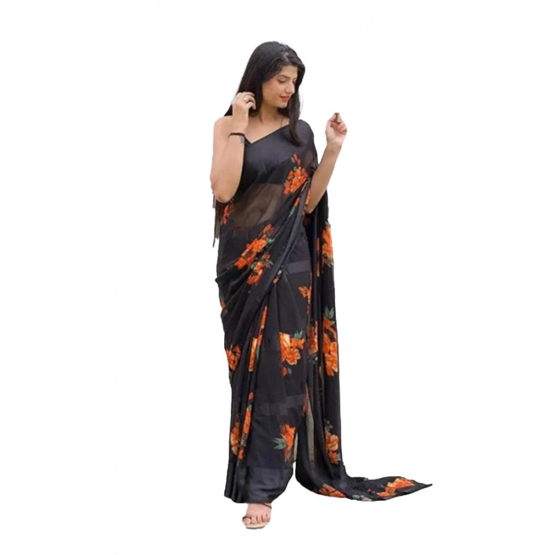 Mayawye Women's Satin Patta Printed Saree With Unstitched Blouse (Orange)