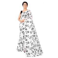 Mayawye Women's Georgette Printed Saree With Unstitched Blouse (White)