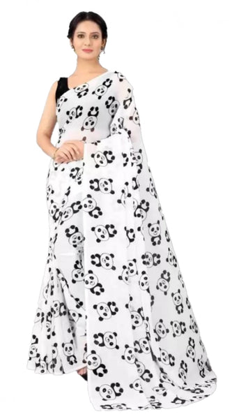 Mayawye Women's Georgette Printed Saree With Unstitched Blouse (White)