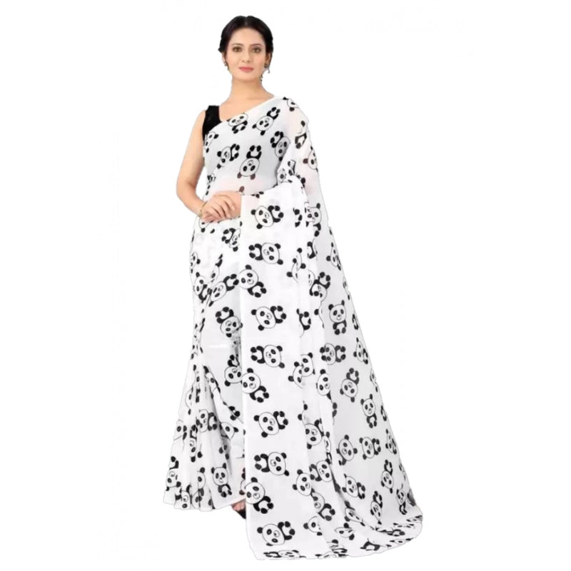 Mayawye Women's Georgette Printed Saree With Unstitched Blouse (White)