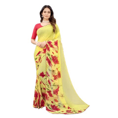 Mayawye Women's Georgette Printed Saree With Unstitched Blouse (Yellow)