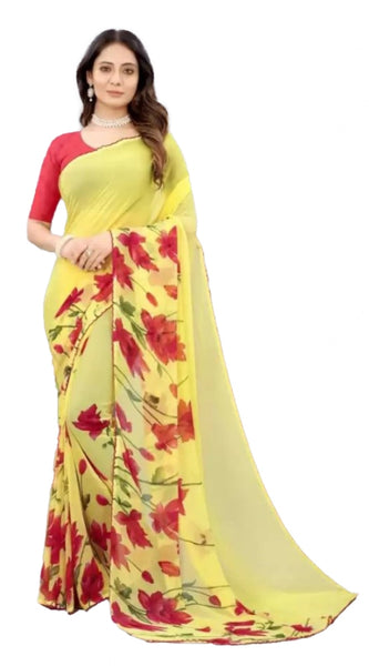 Mayawye Women's Georgette Printed Saree With Unstitched Blouse (Yellow)