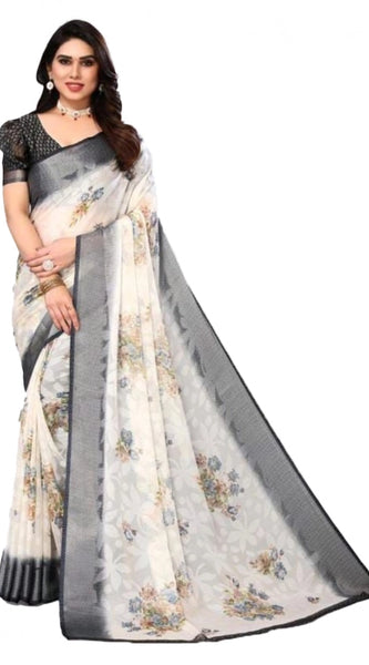 Mayawye Women's Viscose Rayon Printed Saree With Unstitched Blouse (Black)