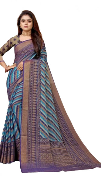 Mayawye Women's Viscose Rayon Printed Saree With Unstitched Blouse (Navy Blue)
