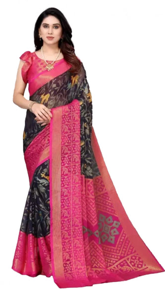 Mayawye Women's Viscose Rayon Printed Saree With Unstitched Blouse (Navy Blue)