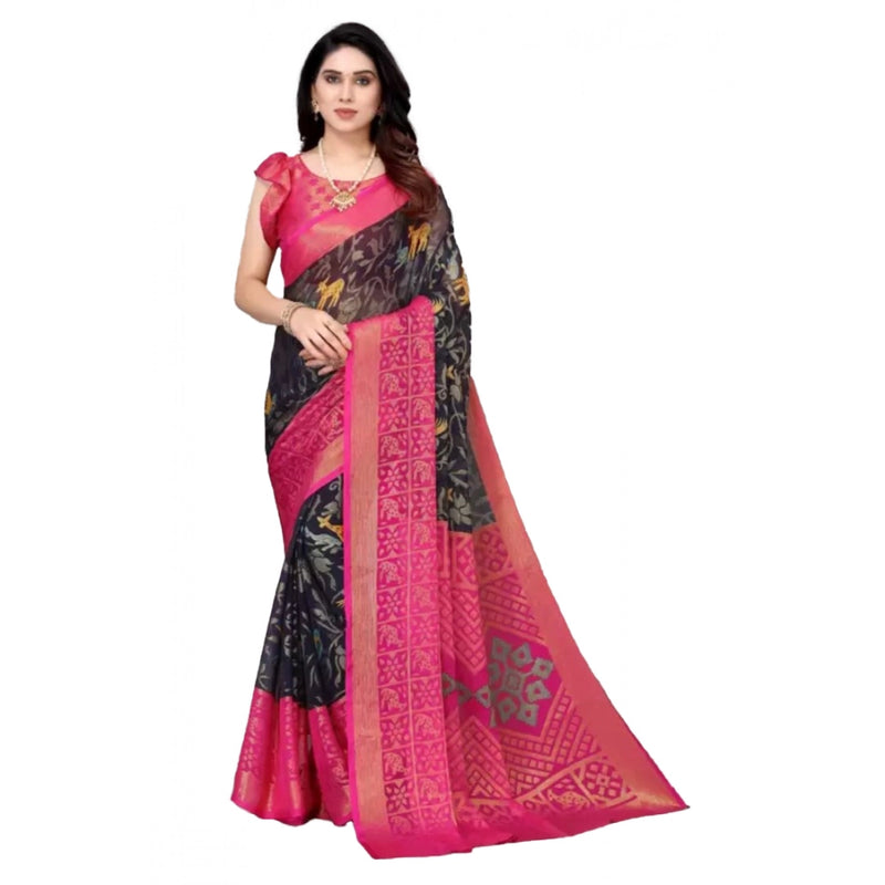 Mayawye Women's Viscose Rayon Printed Saree With Unstitched Blouse (Navy Blue)