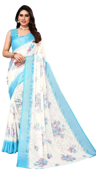 Mayawye Women's Viscose Rayon Printed Saree With Unstitched Blouse (Sky Blue)