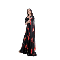 Mayawye Women's Satin Patta Printed Saree With Unstitched Blouse (Red)