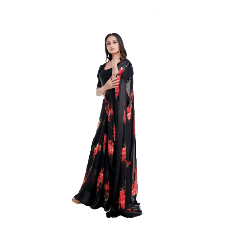 Mayawye Women's Satin Patta Printed Saree With Unstitched Blouse (Red)
