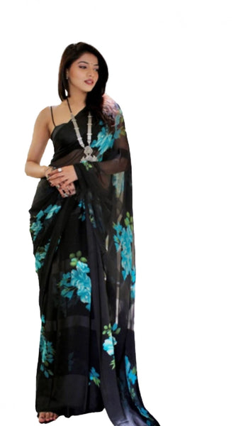 Mayawye Women's Satin Patta Printed Saree With Unstitched Blouse (Blue)