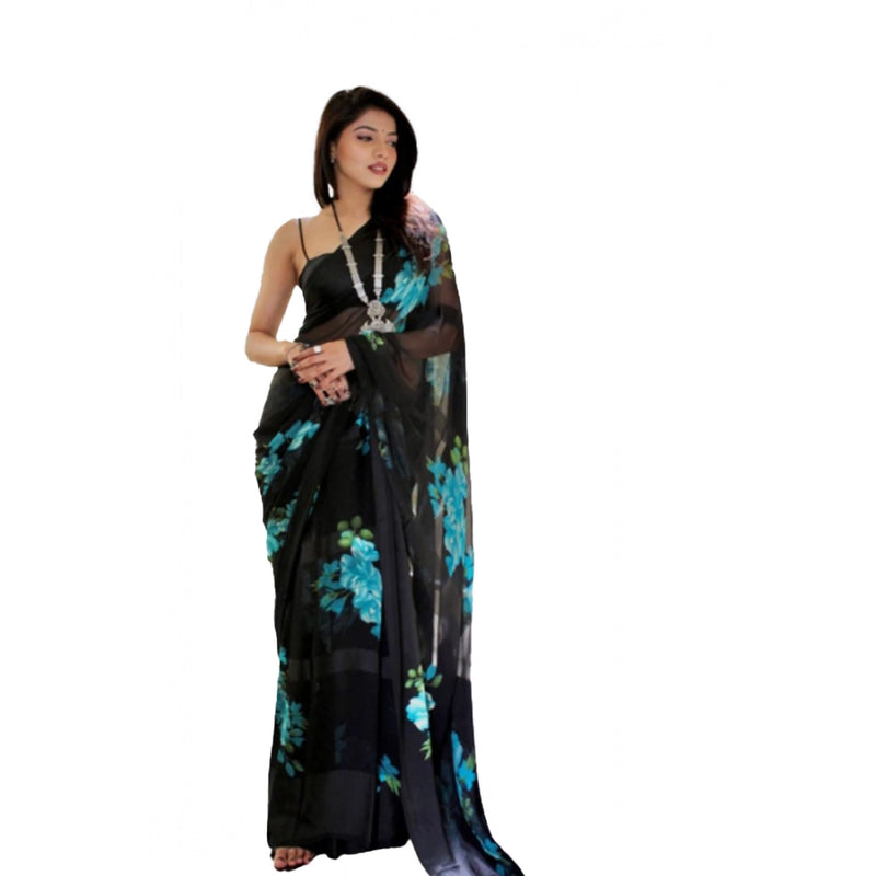 Mayawye Women's Satin Patta Printed Saree With Unstitched Blouse (Blue)