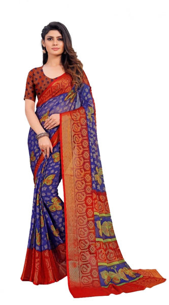 Mayawye Women's Viscose Rayon Printed Saree With Unstitched Blouse (Blue)