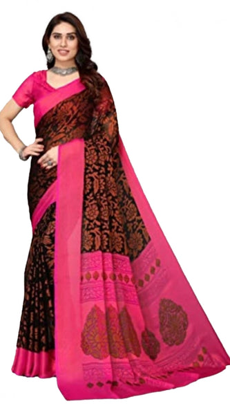 Mayawye Women's Viscose Rayon Printed Saree With Unstitched Blouse (Black)