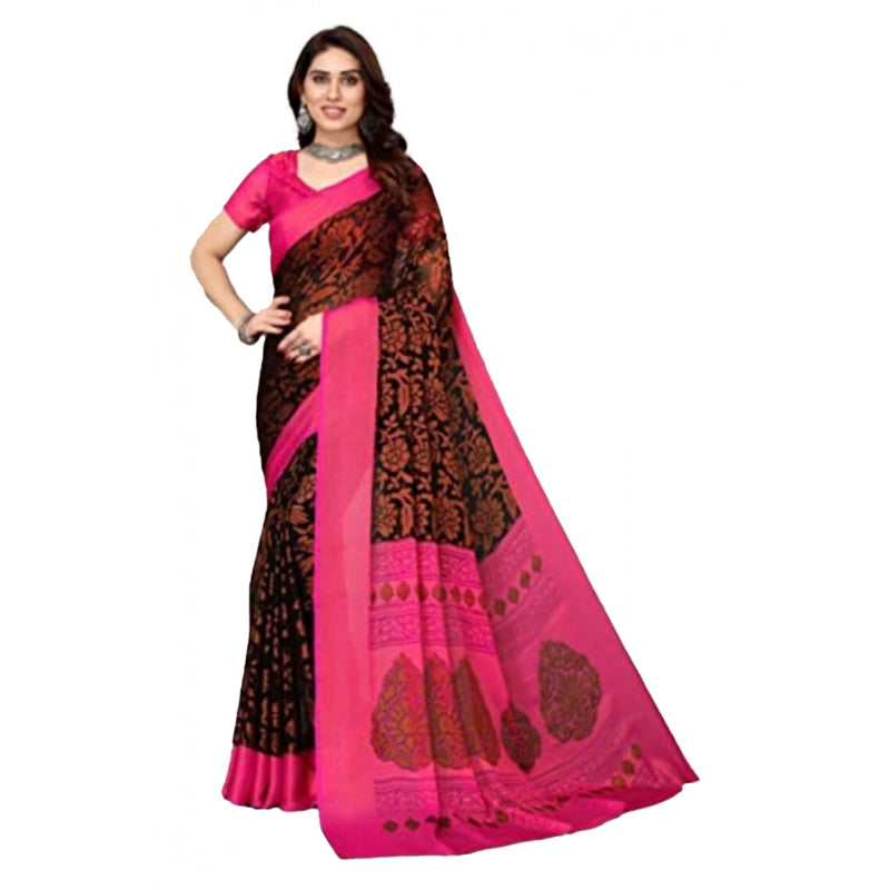 Mayawye Women's Viscose Rayon Printed Saree With Unstitched Blouse (Black)