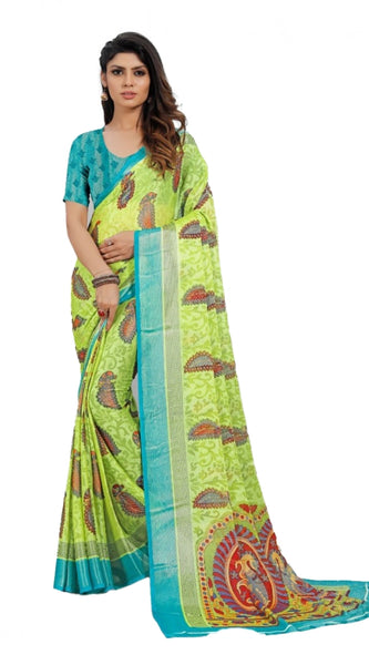 Mayawye Women's Viscose Rayon Printed Saree With Unstitched Blouse (Mehendi)