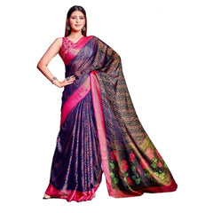 Mayawye Women's Viscose Rayon Printed Saree With Unstitched Blouse (Navy Blue)