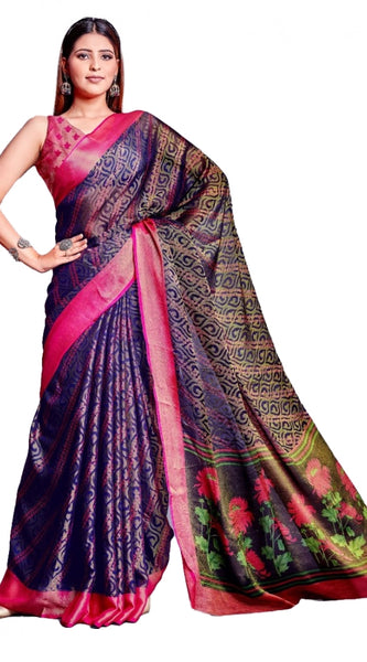 Mayawye Women's Viscose Rayon Printed Saree With Unstitched Blouse (Navy Blue)