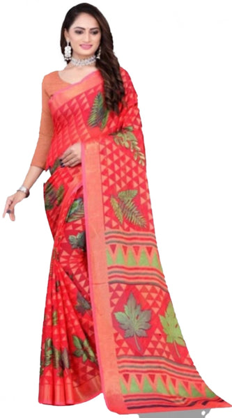 Mayawye Women's Viscose Rayon Printed Saree With Unstitched Blouse (Red)