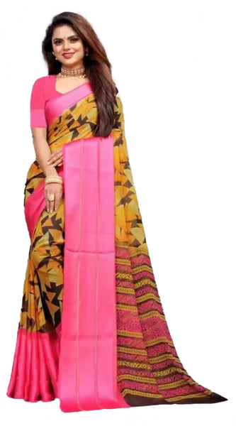 Mayawye Women's Satin Patta Printed Saree With Unstitched Blouse (Pink)